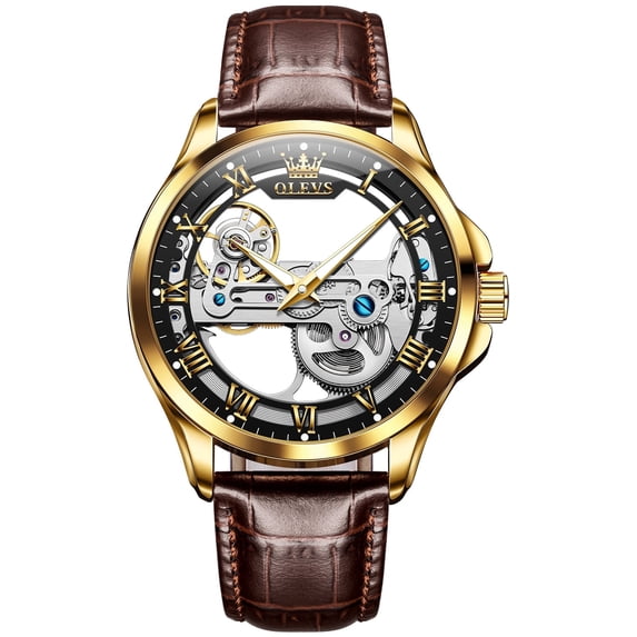 OLEVS Automatic Watches for Men Skeleton Brown Leather Band Large Face Self Winding Mechanical Mens Dress Watches Waterproof Easy to Read Luminous Business Casual Mens Wrist Watches Reloj Para Hombre