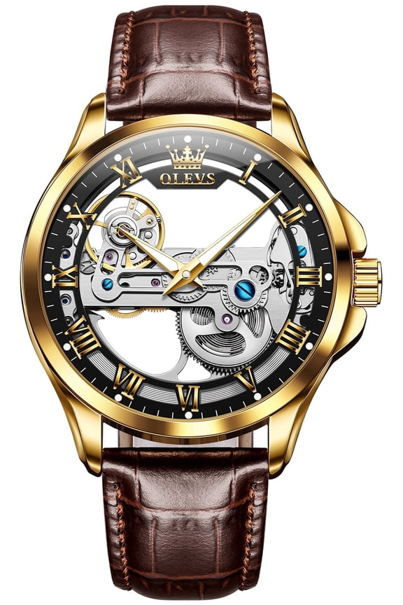 Automatic Watches for Men Skeleton Brown Leather Band Large Face Self Winding Mechanical Mens Dress Watches Waterproof Easy to Read Luminous Business Casual Mens Wrist Watches Reloj Para Hombre