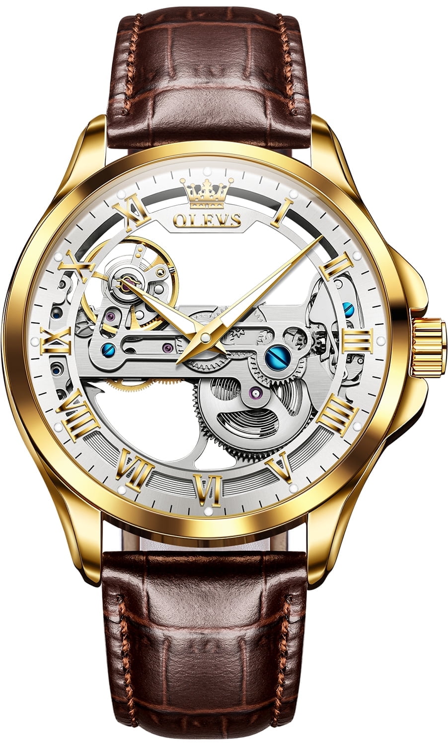OLEVS Automatic Watches for Men Skeleton Brown Leather Band Large Face Self Winding Mechanical Mens Dress Watches Waterproof Easy to Read Luminous Business Casual Mens Wrist Watches Reloj Para Hombre