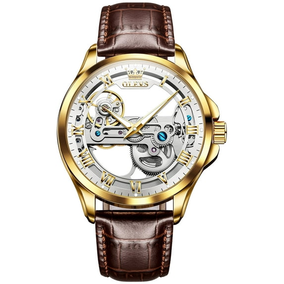 OLEVS Automatic Watches for Men Skeleton Brown Leather Band Large Face Self Winding Mechanical Mens Dress Watches Waterproof Easy to Read Luminous Business Casual Mens Wrist Watches Reloj Para Hombre