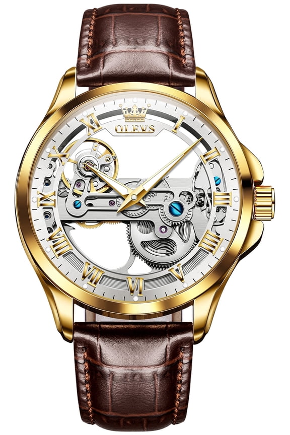 Automatic Watches for Men Skeleton Brown Leather Band Large Face Self Winding Mechanical Mens Dress Watches Waterproof Easy to Read Luminous Business Casual Mens Wrist Watches Reloj Para Hombre