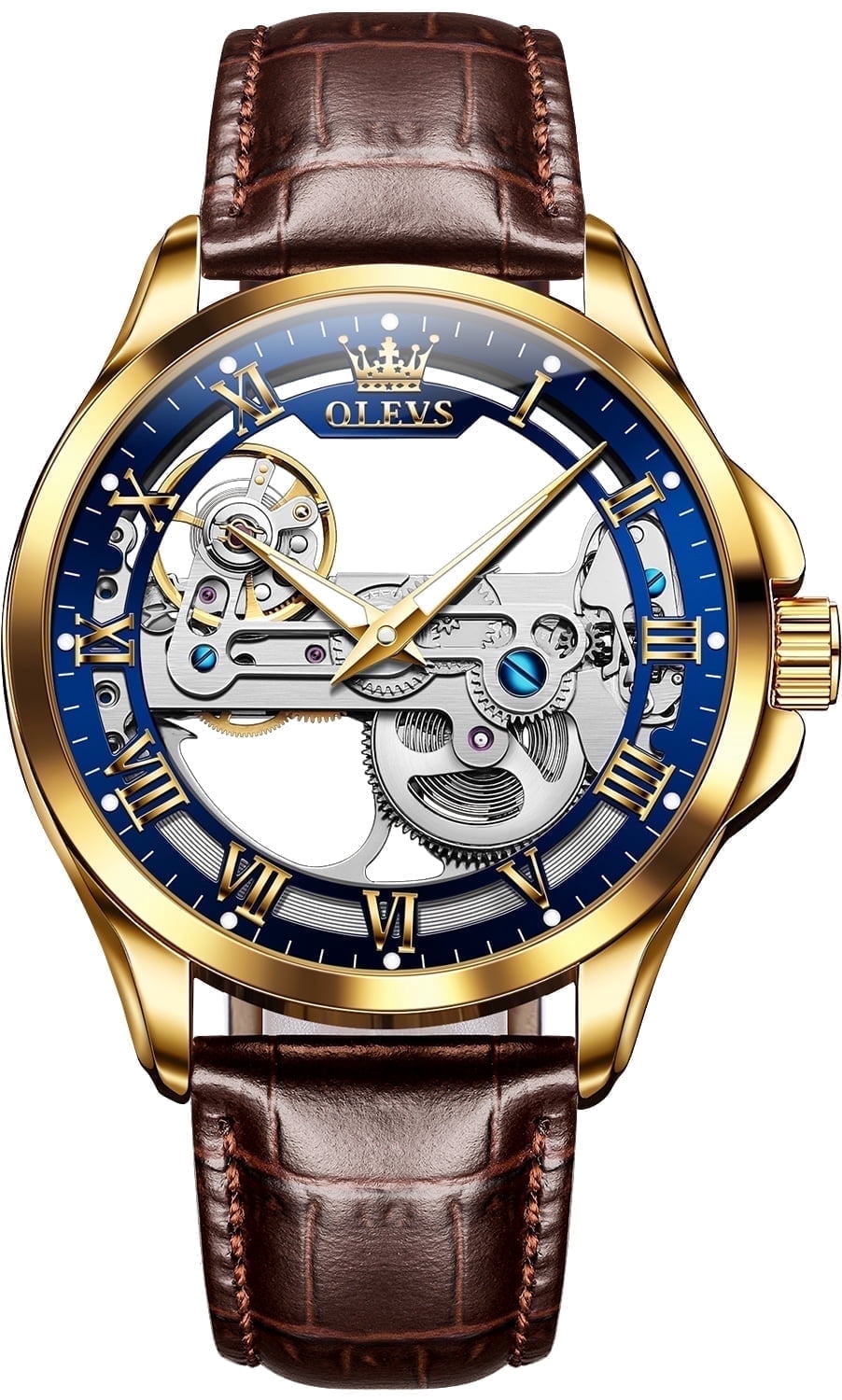 OLEVS Automatic Watches for Men Skeleton Brown Leather Band Large Face Self Winding Mechanical Mens Dress Watches Waterproof Easy to Read Luminous Business Casual Mens Wrist Watches Reloj Para Hombre