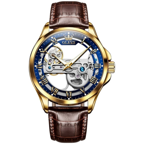 OLEVS Automatic Watches for Men Skeleton Brown Leather Band Large Face Self Winding Mechanical Mens Dress Watches Waterproof Easy to Read Luminous Business Casual Mens Wrist Watches Reloj Para Hombre