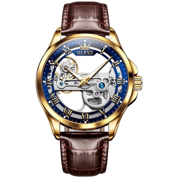 OLEVS Automatic Watches for Men Skeleton Brown Leather Band Large Face Self Winding Mechanical Mens Dress Watches Waterproof Easy to Read Luminous Business Casual Mens Wrist Watches Reloj Para Hombre