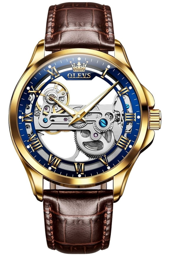 Automatic Watches for Men Skeleton Brown Leather Band Large Face Self Winding Mechanical Mens Dress Watches Waterproof Easy to Read Luminous Business Casual Mens Wrist Watches Reloj Para Hombre