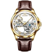 OLEVS Automatic Watches for Men Skeleton Brown Leather Band Large Face Self Winding Mechanical Mens Dress Watches Waterproof Easy to Read Luminous Business Casual Mens Wrist Watches Reloj Para Hombre