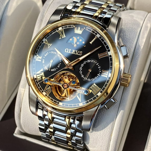OLEVS Automatic Watches for Men Skeleton Mechanical Self Winding Luxury Business Dress Mens Watches Moon Phase Waterproof Luminous Reloj with Gift Box, Male 6617C