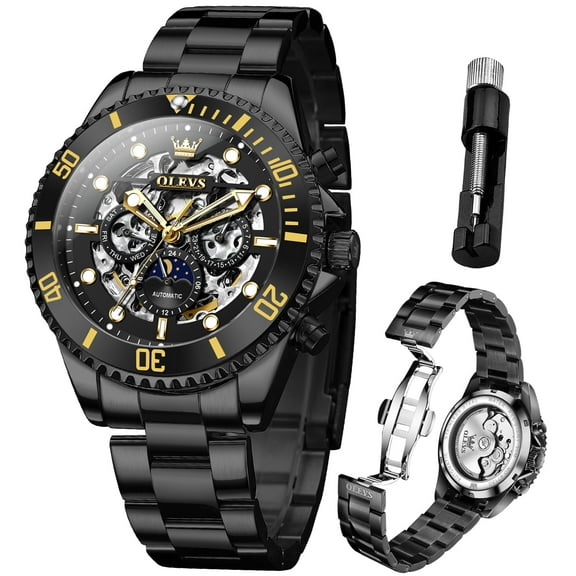 OLEVS Automatic Watches for Men Skeleton Self Winding Mechanical Fashion Dress Chronograph Moon Phase Stainless Steel Waterproof Luminous Mens Wrist Watches Gift Reloj Para Hombre