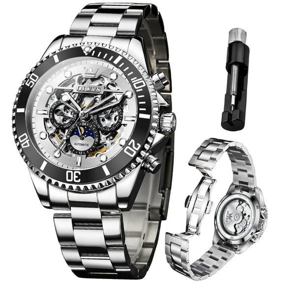 OLEVS Automatic Watches for Men Skeleton Self Winding Mechanical Fashion Dress Chronograph Moon Phase Stainless Steel Waterproof Luminous Mens Wrist Watches Gift Reloj Para Hombre