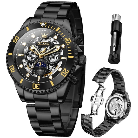 OLEVS Automatic Watches for Men Skeleton Self Winding Mechanical Fashion Dress Chronograph Moon Phase Stainless Steel Waterproof Luminous Mens Wrist Watches Gift Reloj Para Hombre