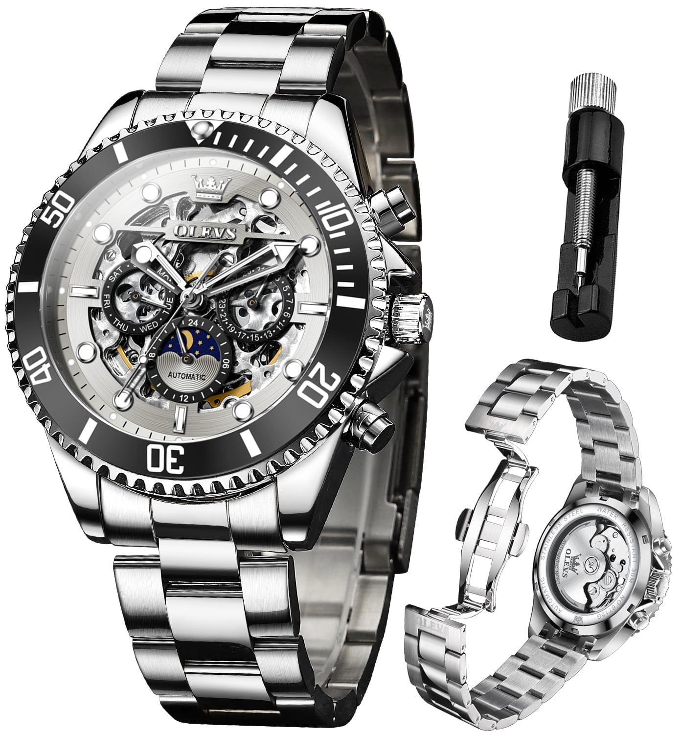 OLEVS Automatic Watches for Men Skeleton Self Winding Mechanical Fashion Dress Chronograph Moon Phase Stainless Steel Waterproof Luminous Mens Wrist Watches Gift Reloj Para Hombre