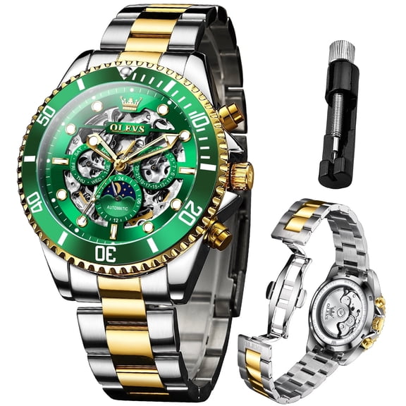 OLEVS Automatic Watches for Men Skeleton Self Winding Mechanical Fashion Dress Chronograph Moon Phase Stainless Steel Waterproof Luminous Mens Wrist Watches Gift Reloj Para Hombre