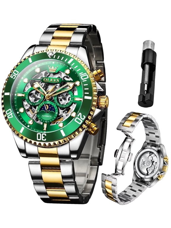 Automatic Watches for Men Skeleton Self Winding Mechanical Fashion Dress Chronograph Moon Phase Stainless Steel Waterproof Luminous Mens Wrist Watches Gift Reloj Para Hombre
