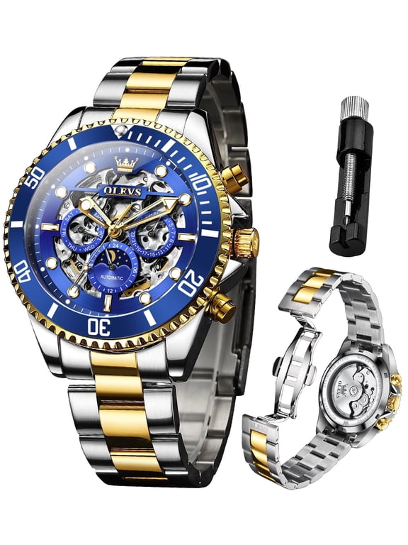 Automatic Watches for Men Skeleton Self Winding Mechanical Fashion Dress Chronograph Moon Phase Stainless Steel Waterproof Luminous Mens Wrist Watches Gift Reloj Para Hombre