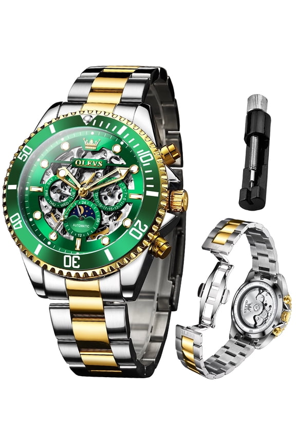 Automatic Watches for Men Skeleton Self Winding Mechanical Fashion Dress Chronograph Moon Phase Stainless Steel Waterproof Luminous Mens Wrist Watches Gift Reloj Para Hombre