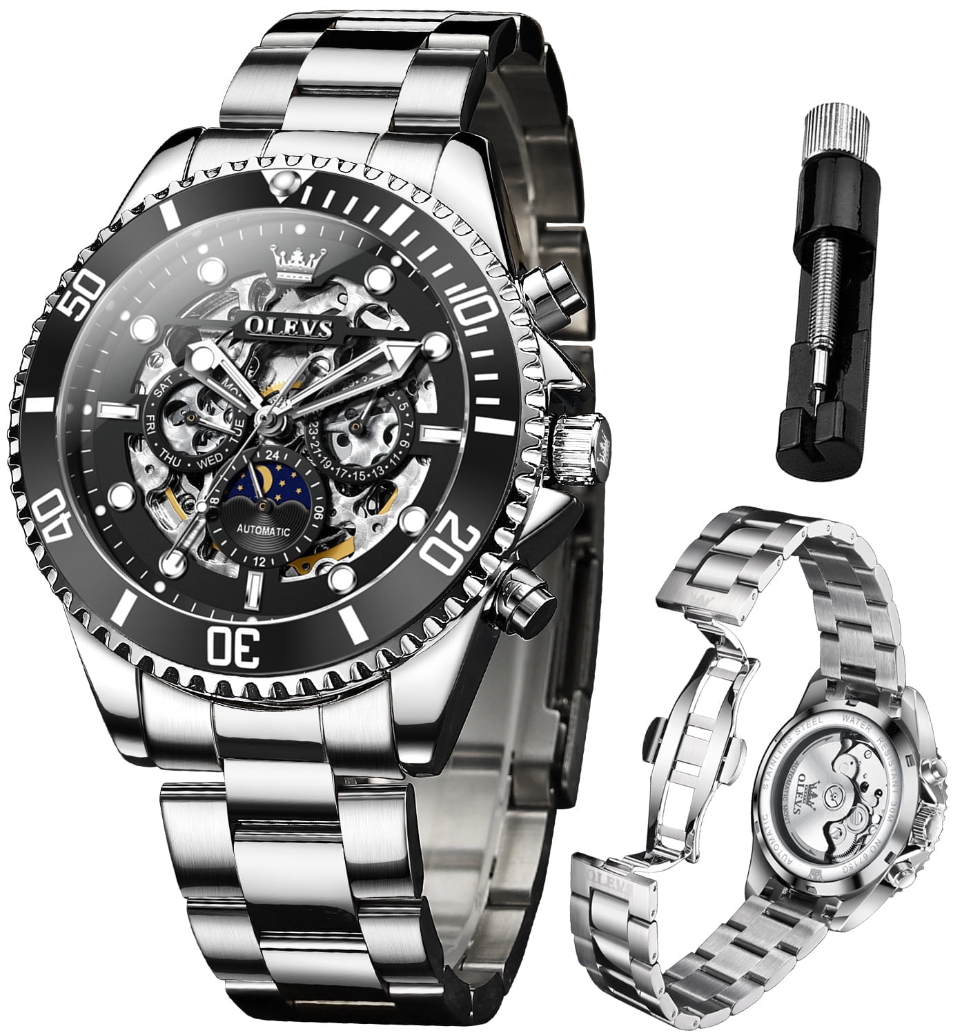 OLEVS Automatic Watches for Men Skeleton Self Winding Mechanical Fashion Dress Chronograph Moon Phase Stainless Steel Waterproof Luminous Mens Wrist Watches Gift Reloj Para Hombre