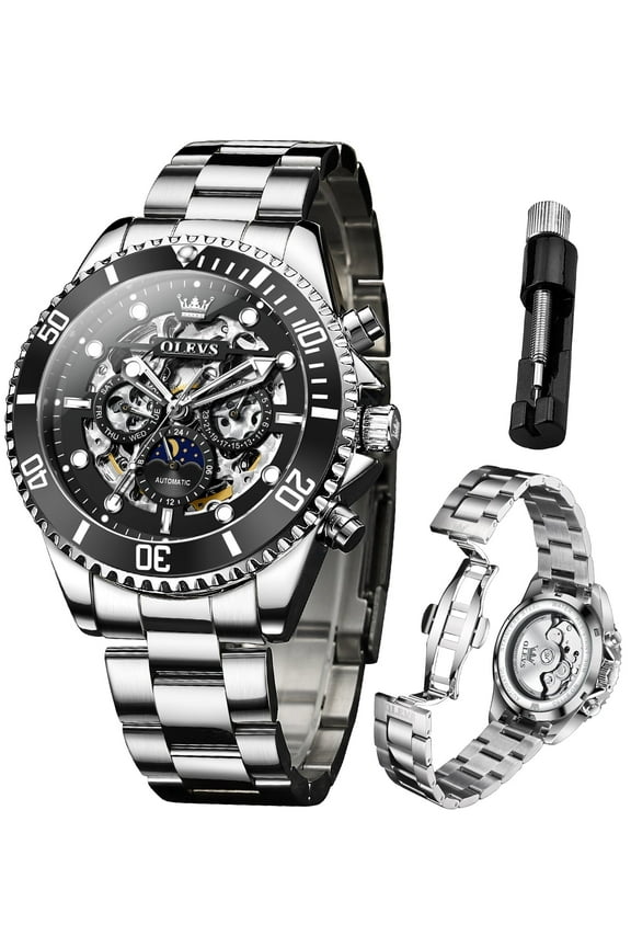 Automatic Watches for Men Skeleton Self Winding Mechanical Fashion Dress Chronograph Moon Phase Stainless Steel Waterproof Luminous Mens Wrist Watches Gift Reloj Para Hombre