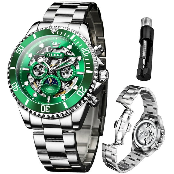 OLEVS Automatic Watches for Men Skeleton Self Winding Mechanical Fashion Dress Chronograph Moon Phase Stainless Steel Waterproof Luminous Mens Wrist Watches Gift Reloj Para Hombre