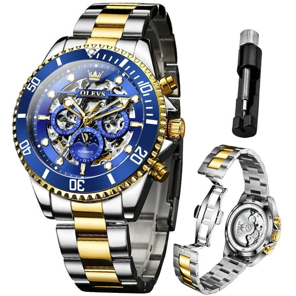 OLEVS Automatic Watches for Men Skeleton Self Winding Mechanical Fashion Dress Chronograph Moon Phase Stainless Steel Waterproof Luminous Mens Wrist Watches Gift Reloj Para Hombre