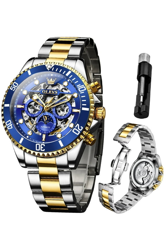Automatic Watches for Men Skeleton Self Winding Mechanical Fashion Dress Chronograph Moon Phase Stainless Steel Waterproof Luminous Mens Wrist Watches Gift Reloj Para Hombre