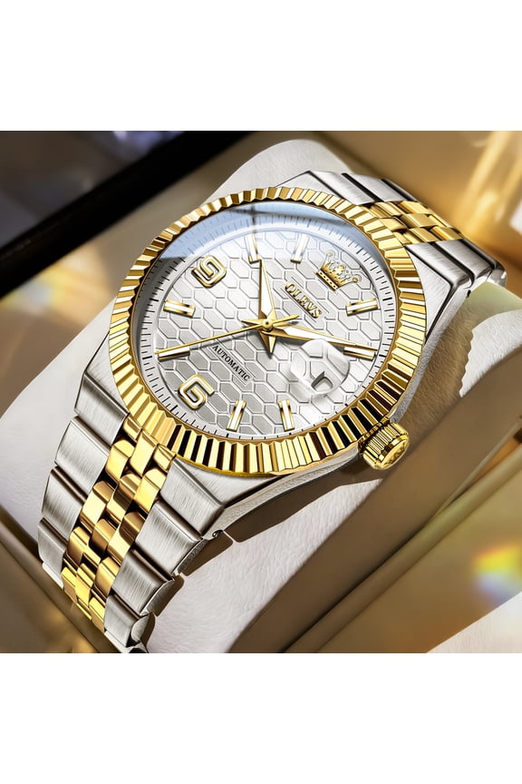 Automatic Watches for Men Two Tone Watches Self Winding Mechanical Classic Dress Easy Read Date Plated Golden Stainless Steel Luminous Mens Wrist Watches Reloj Para Hombre