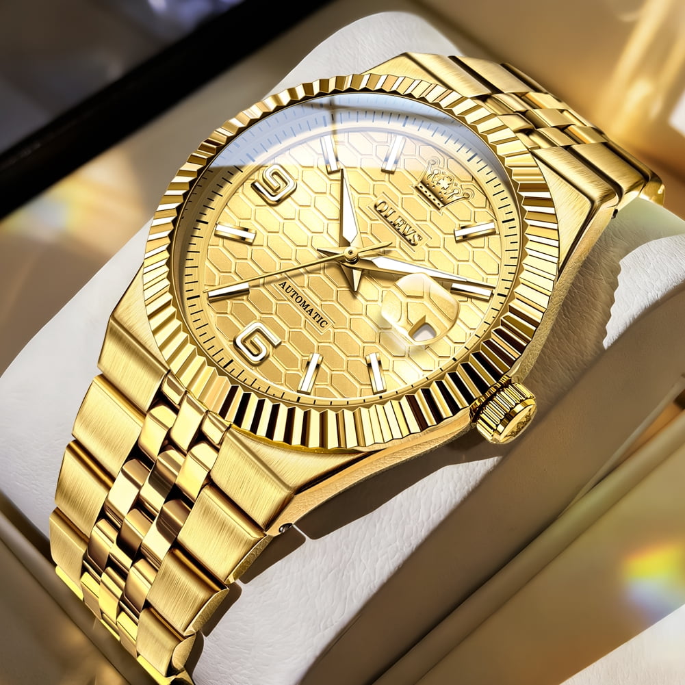OLEVS Automatic Watches for Men Two Tone Watches Self Winding Mechanical Classic Dress Easy Read Date Plated Golden Stainless Steel Luminous Mens Wrist Watches Reloj Para Hombre