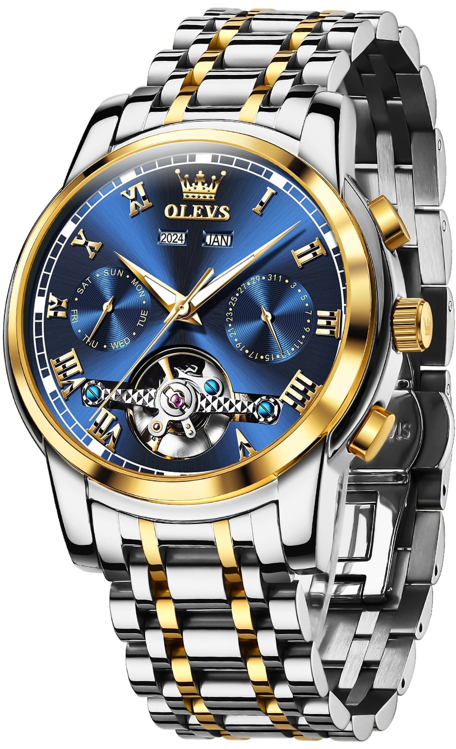 OLEVS Automatic Watches for Mens Self-Winding Mechanical Chronograph Classic Fashion Business Tourbillon Skeleton Stainless Steel Waterproof Luminous Mens Wrist Watches Reloj Para Hombre