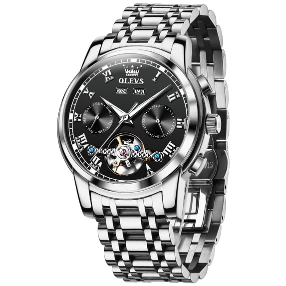 OLEVS Automatic Watches for Mens Self-Winding Mechanical Chronograph Classic Fashion Business Tourbillon Skeleton Stainless Steel Waterproof Luminous Mens Wrist Watches Reloj Para Hombre