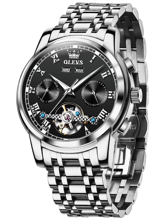 Automatic Watches for Mens Self-Winding Mechanical Chronograph Classic Fashion Business Tourbillon Skeleton Stainless Steel Waterproof Luminous Mens Wrist Watches Reloj Para Hombre