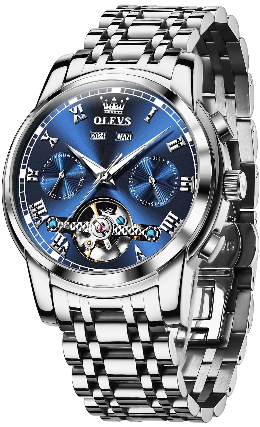OLEVS Automatic Watches for Mens Self-Winding Mechanical Chronograph Classic Fashion Business Tourbillon Skeleton Stainless Steel Waterproof Luminous Mens Wrist Watches Reloj Para Hombre