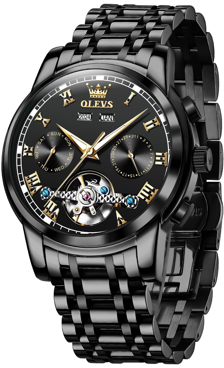 OLEVS Automatic Watches for Mens Self-Winding Mechanical Chronograph Classic Fashion Business Tourbillon Skeleton Stainless Steel Waterproof Luminous Mens Wrist Watches Reloj Para Hombre