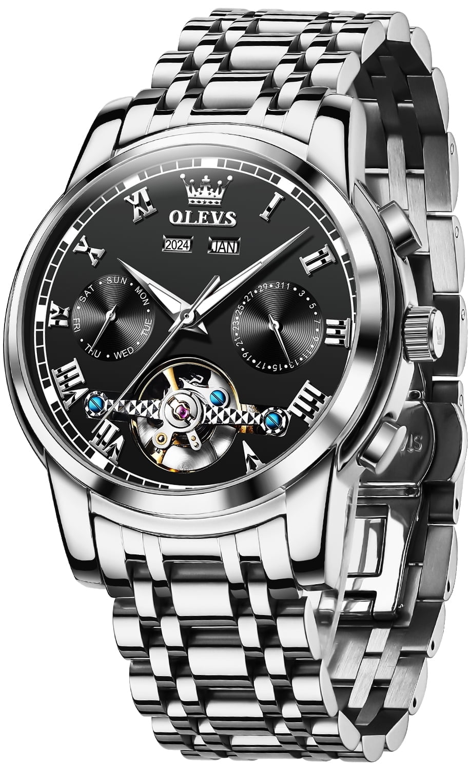 OLEVS Automatic Watches for Mens Self-Winding Mechanical Chronograph Classic Fashion Business Tourbillon Skeleton Stainless Steel Waterproof Luminous Mens Wrist Watches Reloj Para Hombre