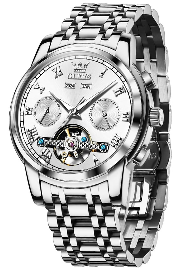 Automatic Watches for Mens Self-Winding Mechanical Chronograph Classic Fashion Business Tourbillon Skeleton Stainless Steel Waterproof Luminous Mens Wrist Watches Reloj Para Hombre