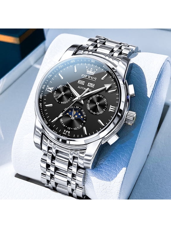 Automatic Watches for Mens Self Winding Mechanical Multifunction Chronograph Luxury Business Dress Moon Phase Stainless Steel Waterproof Luminous Calendar Mens Wrist Watches Reloj Para Hombre