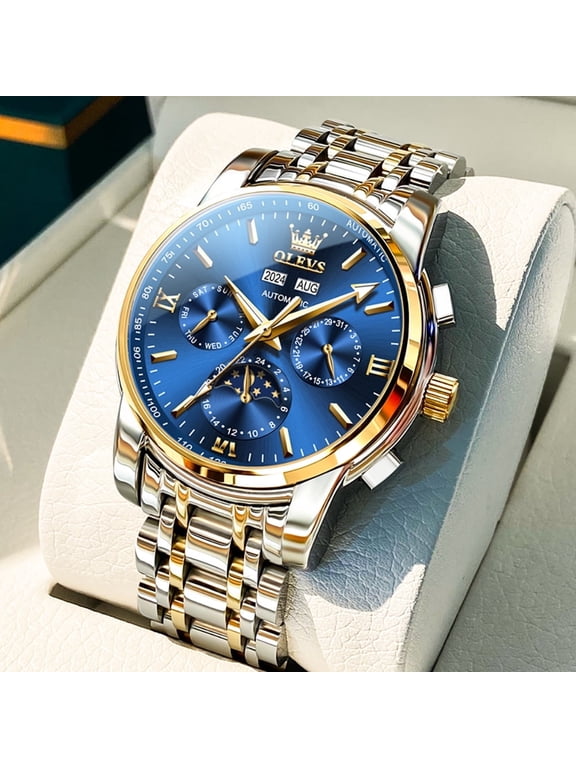 Automatic Watches for Mens Self Winding Mechanical Multifunction Chronograph Luxury Business Dress Moon Phase Stainless Steel Waterproof Luminous Calendar Mens Wrist Watches Reloj Para Hombre