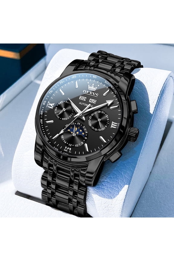 Automatic Watches for Mens Self Winding Mechanical Multifunction Chronograph Luxury Business Dress Moon Phase Stainless Steel Waterproof Luminous Calendar Mens Wrist Watches Reloj Para Hombre