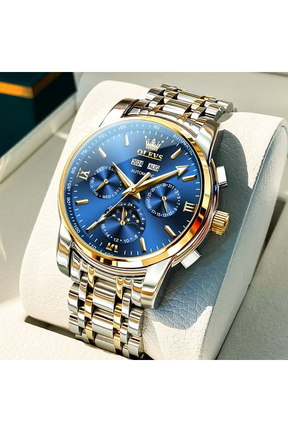 Automatic Watches for Mens Self Winding Mechanical Multifunction Chronograph Luxury Business Dress Moon Phase Stainless Steel Waterproof Luminous Calendar Mens Wrist Watches Reloj Para Hombre