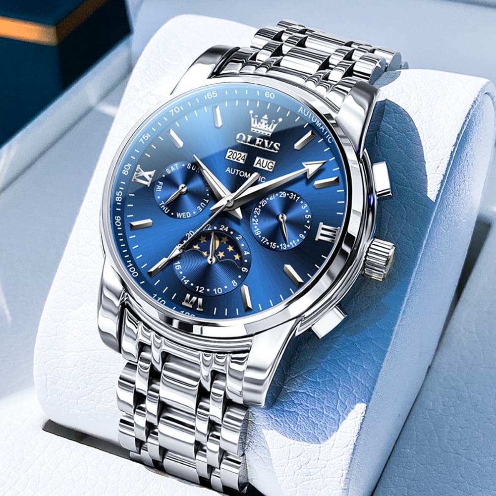 OLEVS Automatic Watches for Mens Self Winding Mechanical Multifunction Chronograph Luxury Business Dress Moon Phase Stainless Steel Waterproof Luminous Calendar Mens Wrist Watches Reloj Para Hombre