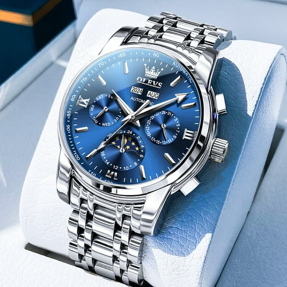 OLEVS Automatic Watches for Mens Self Winding Mechanical Multifunction Chronograph Luxury Business Dress Moon Phase Stainless Steel Waterproof Luminous Calendar Mens Wrist Watches Reloj Para Hombre