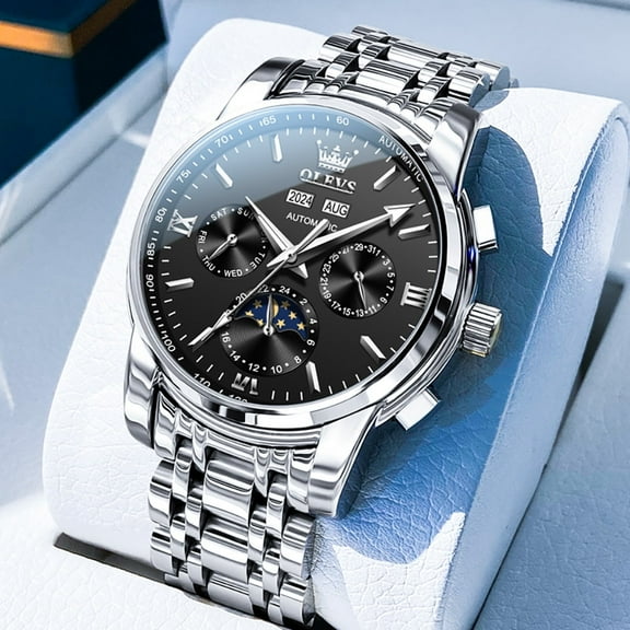 OLEVS Automatic Watches for Mens Self Winding Mechanical Multifunction Chronograph Luxury Business Dress Moon Phase Stainless Steel Waterproof Luminous Calendar Mens Wrist Watches Reloj Para Hombre