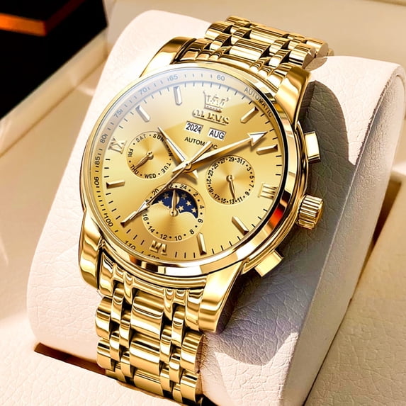 OLEVS Automatic Watches for Mens Self Winding Mechanical Multifunction Chronograph Luxury Business Dress Moon Phase Stainless Steel Waterproof Luminous Calendar Mens Wrist Watches Reloj Para Hombre