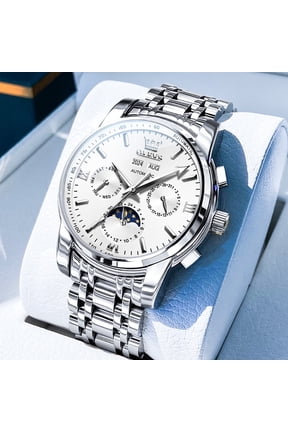 Automatic Watches for Mens Self Winding Mechanical Multifunction Chronograph Luxury Business Dress Moon Phase Stainless Steel Waterproof Luminous Calendar Mens Wrist Watches Reloj Para Hombre