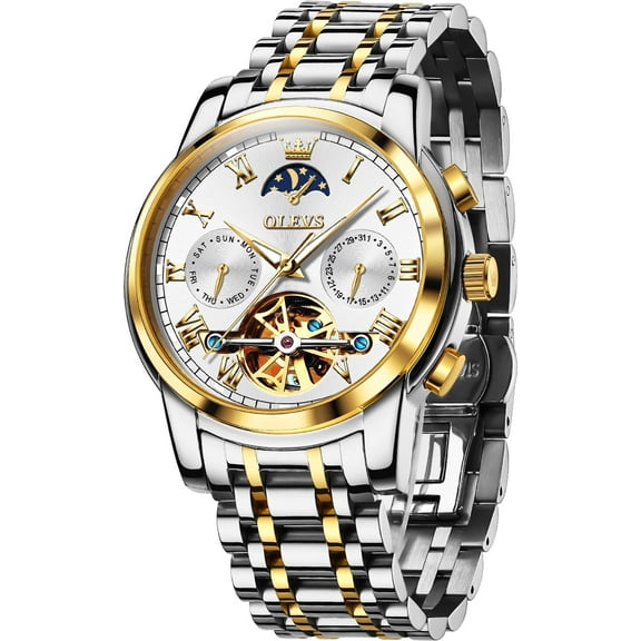 OLEVS Automatic Watches for Mens Skeleton Mechanical Self Winding Chronograph Calendar Classic Dress Moon Phase Multifunction Mens Wrist Watches Luminous Waterproof Stainless Steel Reloj Para Hombre
