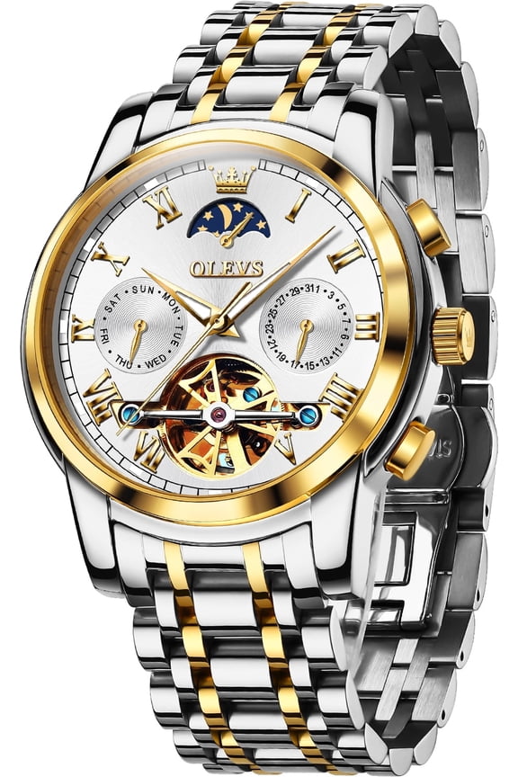 Automatic Watches for Mens Skeleton Mechanical Self Winding Chronograph Calendar Classic Dress Moon Phase Multifunction Mens Wrist Watches Luminous Waterproof Stainless Steel Reloj Para Hombre