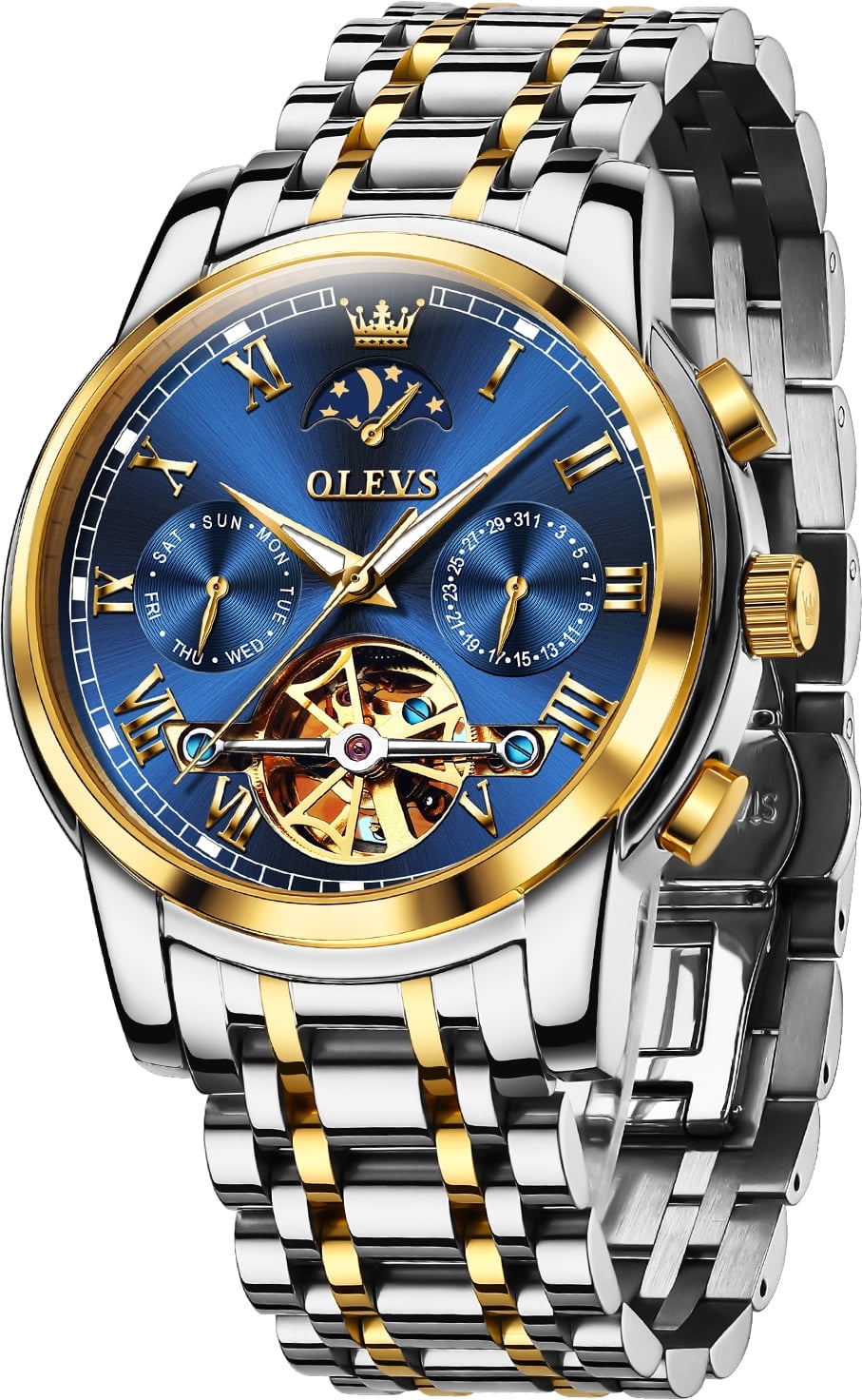 OLEVS Automatic Watches for Mens Skeleton Mechanical Self Winding Chronograph Calendar Classic Dress Moon Phase Multifunction Mens Wrist Watches Luminous Waterproof Stainless Steel Reloj Para Hombre