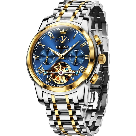OLEVS Automatic Watches for Mens Skeleton Mechanical Self Winding Chronograph Calendar Classic Dress Moon Phase Multifunction Mens Wrist Watches Luminous Waterproof Stainless Steel Reloj Para Hombre