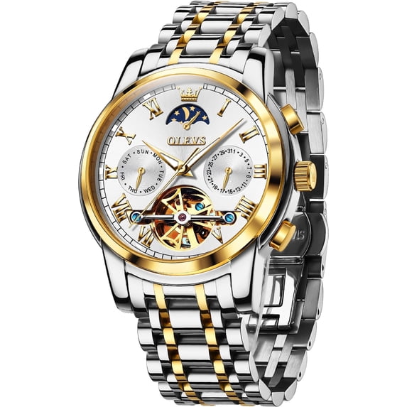 OLEVS Automatic Watches for Mens Skeleton Mechanical Self Winding Chronograph Calendar Classic Dress Moon Phase Multifunction Mens Wrist Watches Luminous Waterproof Stainless Steel Reloj Para Hombre