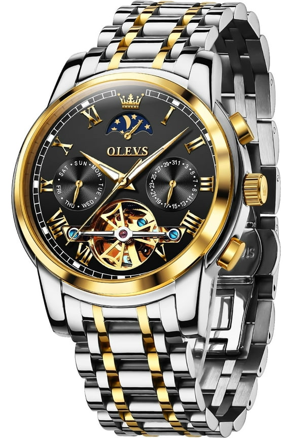 Automatic Watches for Mens Skeleton Mechanical Self Winding Chronograph Calendar Classic Dress Moon Phase Multifunction Mens Wrist Watches Luminous Waterproof Stainless Steel Reloj Para Hombre