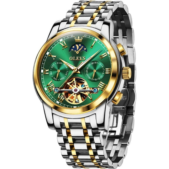 OLEVS Automatic Watches for Mens Skeleton Mechanical Self Winding Chronograph Calendar Classic Dress Moon Phase Multifunction Mens Wrist Watches Luminous Waterproof Stainless Steel Reloj Para Hombre