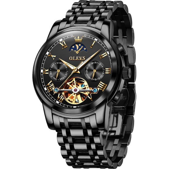 OLEVS Automatic Watches for Mens Skeleton Mechanical Self Winding Chronograph Calendar Classic Dress Moon Phase Multifunction Mens Wrist Watches Luminous Waterproof Stainless Steel Reloj Para Hombre